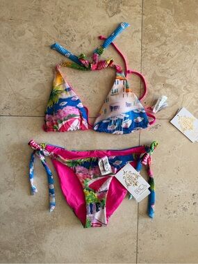 Becca Island Print Triangle Bikini Top & Tie-Side Bottoms - Pink Multi